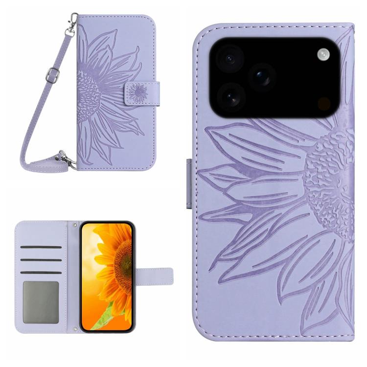 Skin Feel Sun Flower Estuche de cuero con tapa en relieve para teléfono con cordón, For iPhone 17e / 16e, For iPhone 17 Pro Max, For iPhone 17 Pro, For iPhone 17