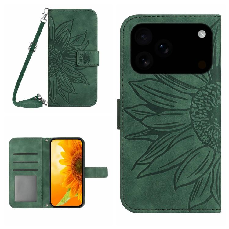 Skin Feel Sun Flower Estuche de cuero con tapa en relieve para teléfono con cordón, For iPhone 17e / 16e, For iPhone 17 Pro Max, For iPhone 17 Pro, For iPhone 17