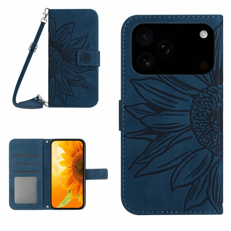 Skin Feel Sun Flower Estuche de cuero con tapa en relieve para teléfono con cordón, For iPhone 17e / 16e, For iPhone 17 Pro Max, For iPhone 17 Pro, For iPhone 17