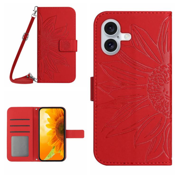 Skin Feel Sun Flower Estuche de cuero con tapa en relieve para teléfono con cordón, For iPhone 17e / 16e, For iPhone 17 Pro Max, For iPhone 17 Pro, For iPhone 17