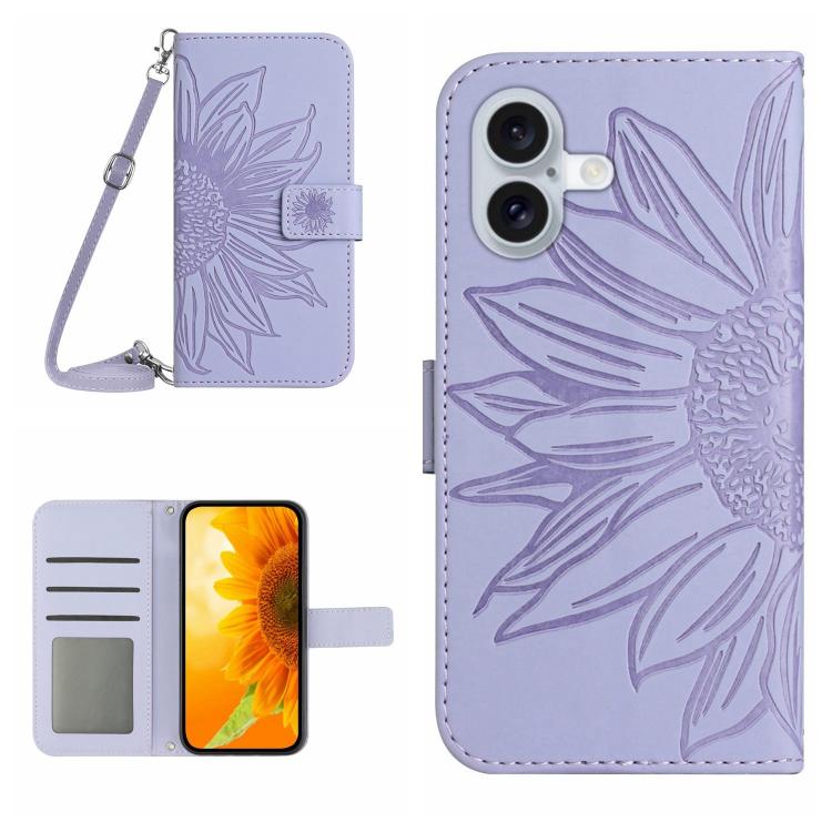 Skin Feel Sun Flower Estuche de cuero con tapa en relieve para teléfono con cordón, For iPhone 17e / 16e, For iPhone 17 Pro Max, For iPhone 17 Pro, For iPhone 17