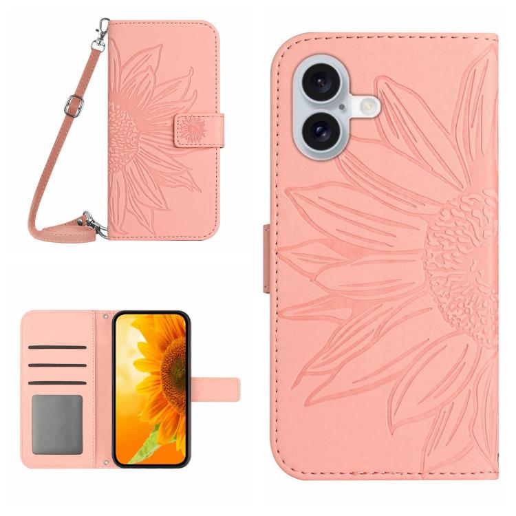 Skin Feel Sun Flower Estuche de cuero con tapa en relieve para teléfono con cordón, For iPhone 17e / 16e, For iPhone 17 Pro Max, For iPhone 17 Pro, For iPhone 17
