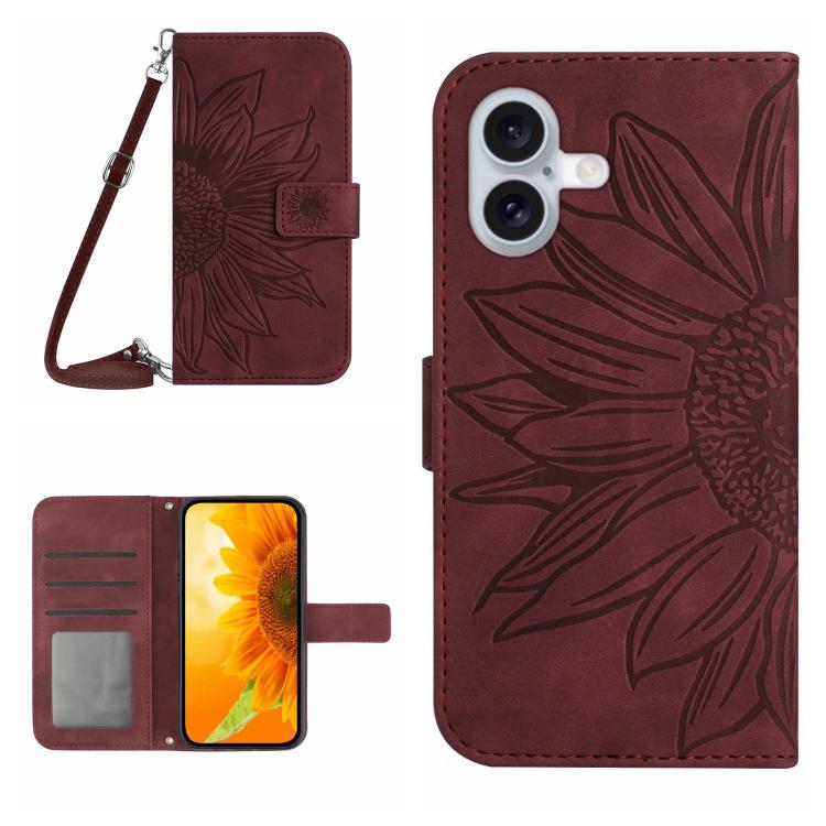 Skin Feel Sun Flower Estuche de cuero con tapa en relieve para teléfono con cordón, For iPhone 17e / 16e, For iPhone 17 Pro Max, For iPhone 17 Pro, For iPhone 17