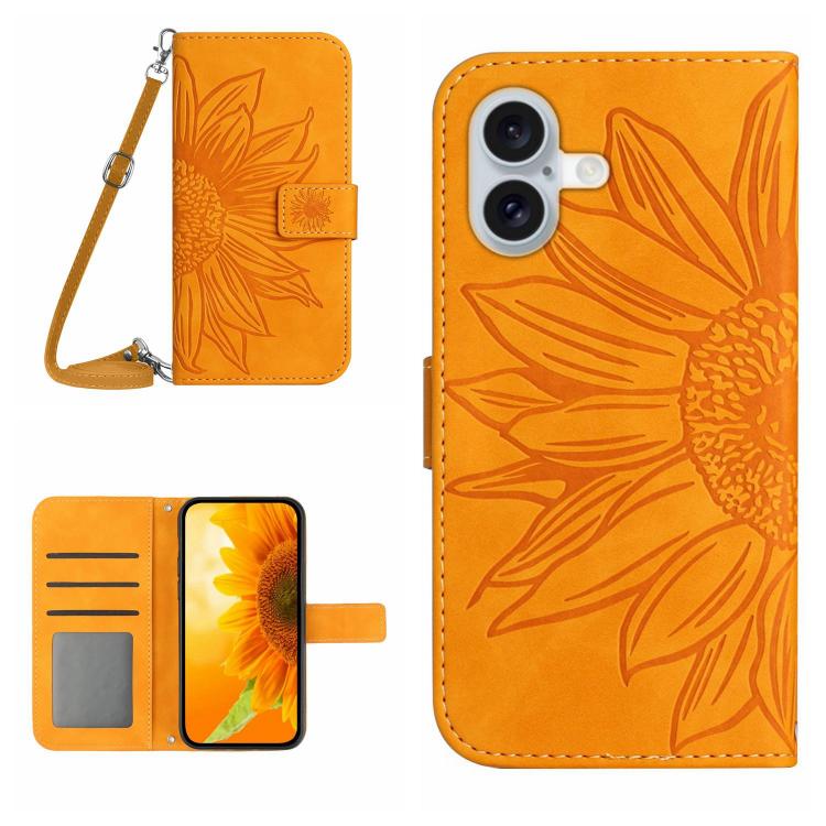 Skin Feel Sun Flower Estuche de cuero con tapa en relieve para teléfono con cordón, For iPhone 17e / 16e, For iPhone 17 Pro Max, For iPhone 17 Pro, For iPhone 17