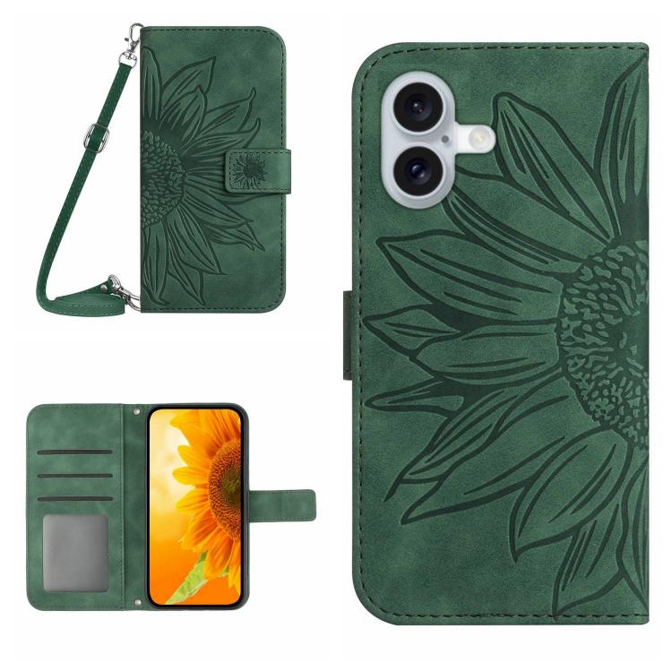 Skin Feel Sun Flower Estuche de cuero con tapa en relieve para teléfono con cordón, For iPhone 17e / 16e, For iPhone 17 Pro Max, For iPhone 17 Pro, For iPhone 17