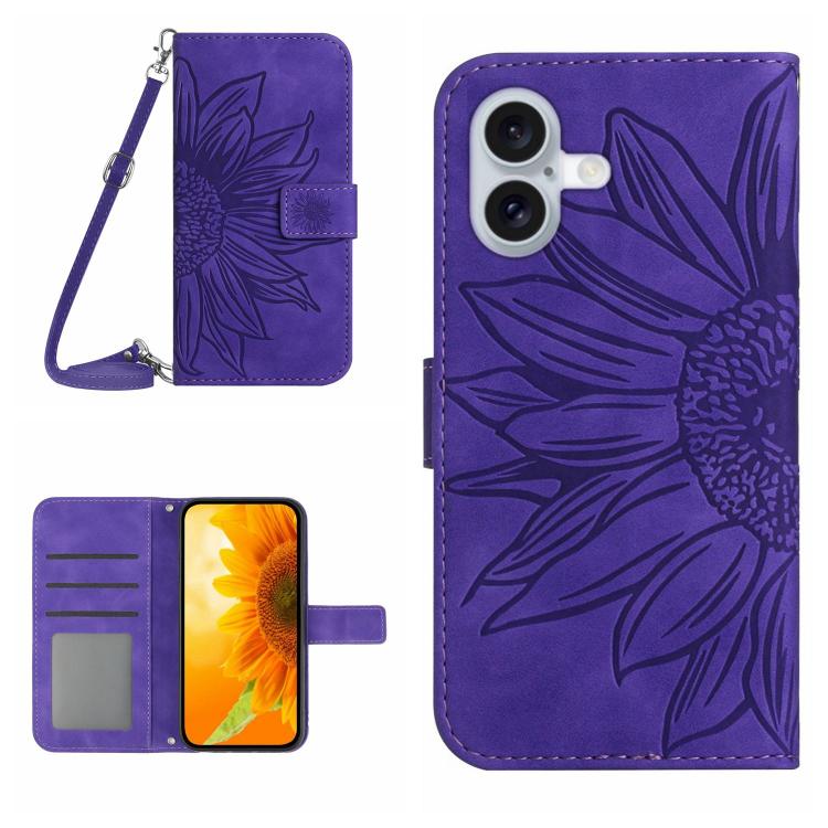 Skin Feel Sun Flower Estuche de cuero con tapa en relieve para teléfono con cordón, For iPhone 17e / 16e, For iPhone 17 Pro Max, For iPhone 17 Pro, For iPhone 17