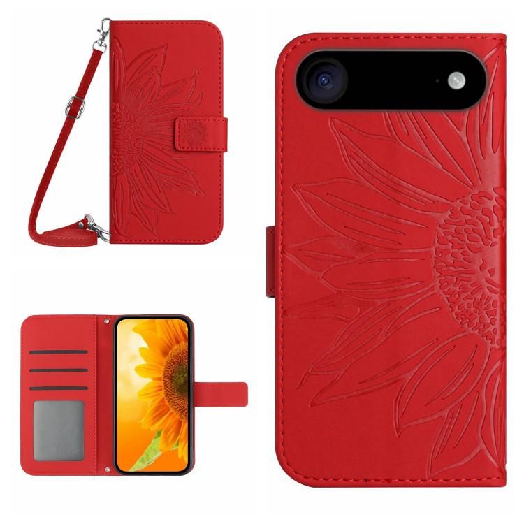 Skin Feel Sun Flower Estuche de cuero con tapa en relieve para teléfono con cordón, For iPhone Air, For iPhone 16 Pro Max, For iPhone 16 Pro, For iPhone 16 Plus