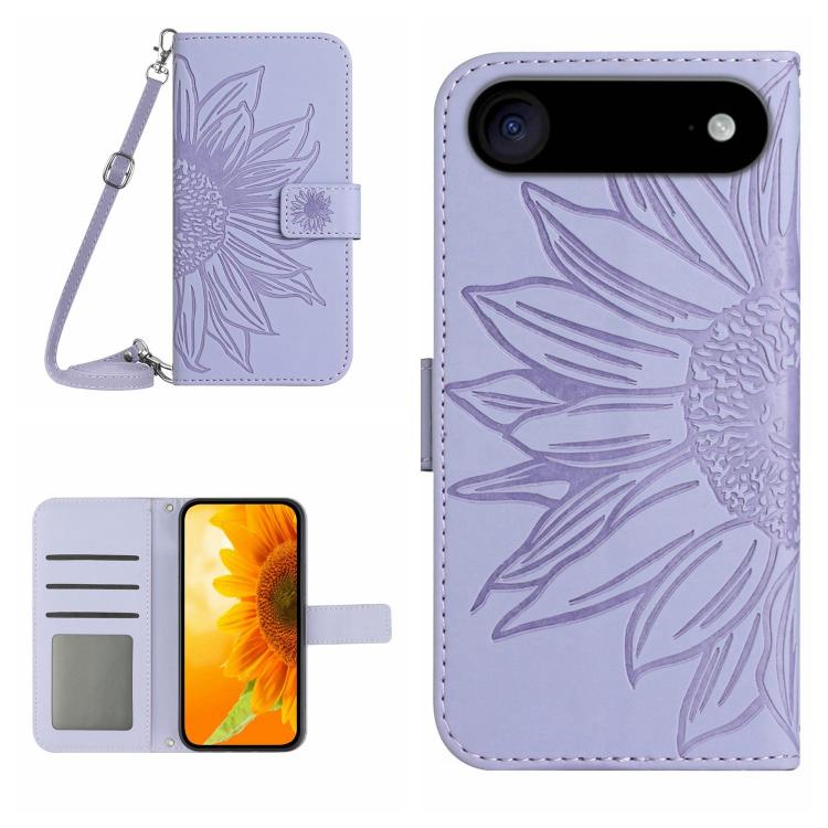 Skin Feel Sun Flower Estuche de cuero con tapa en relieve para teléfono con cordón, For iPhone Air, For iPhone 16 Pro Max, For iPhone 16 Pro, For iPhone 16 Plus