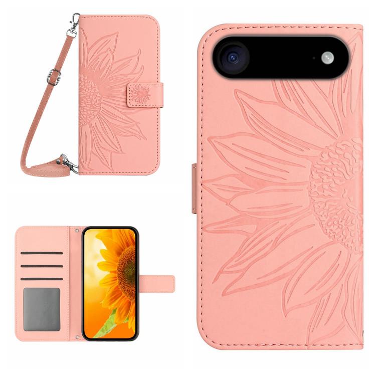 Skin Feel Sun Flower Estuche de cuero con tapa en relieve para teléfono con cordón, For iPhone Air, For iPhone 16 Pro Max, For iPhone 16 Pro, For iPhone 16 Plus