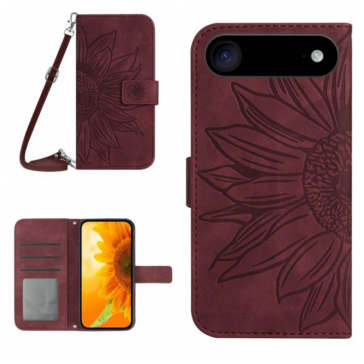 Skin Feel Sun Flower Estuche de cuero con tapa en relieve para teléfono con cordón, For iPhone Air, For iPhone 16 Pro Max, For iPhone 16 Pro, For iPhone 16 Plus
