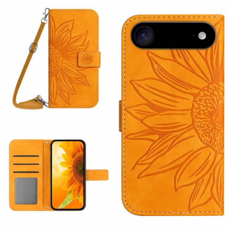 Skin Feel Sun Flower Estuche de cuero con tapa en relieve para teléfono con cordón, For iPhone Air, For iPhone 16 Pro Max, For iPhone 16 Pro, For iPhone 16 Plus