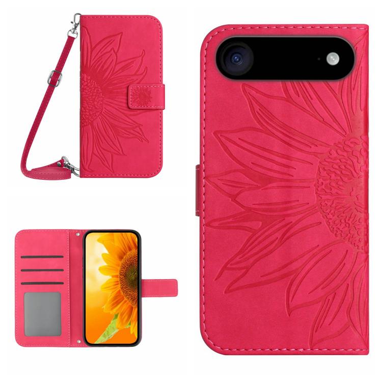 Skin Feel Sun Flower Estuche de cuero con tapa en relieve para teléfono con cordón, For iPhone Air, For iPhone 16 Pro Max, For iPhone 16 Pro, For iPhone 16 Plus