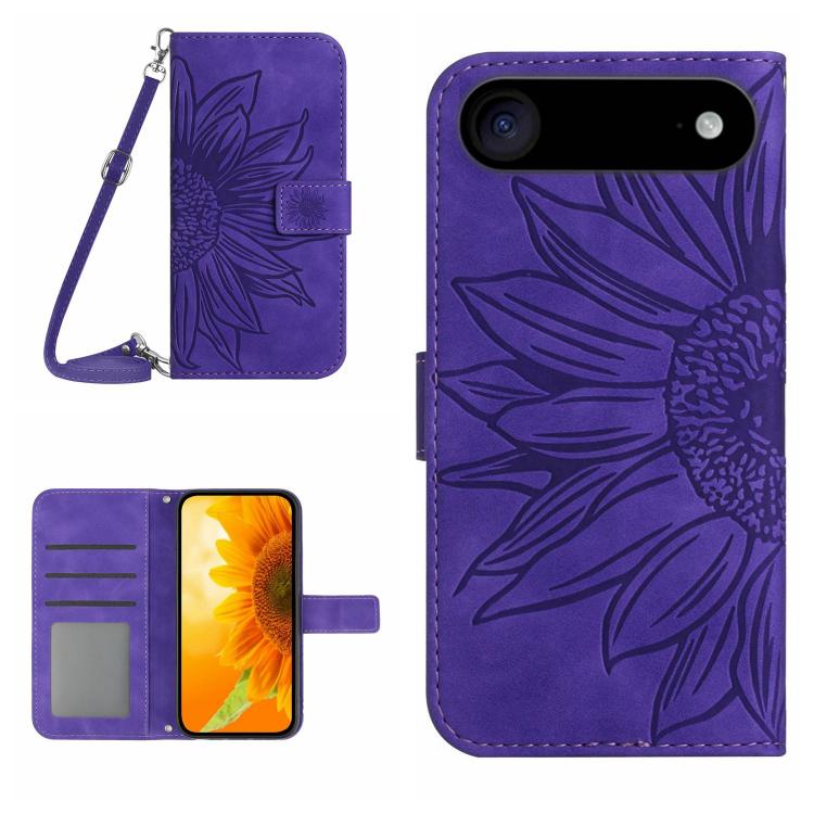 Skin Feel Sun Flower Estuche de cuero con tapa en relieve para teléfono con cordón, For iPhone Air, For iPhone 16 Pro Max, For iPhone 16 Pro, For iPhone 16 Plus
