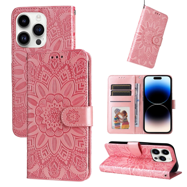 Estuche para teléfono de cuero con estampado de girasol en relieve, For iPhone 15 Pro Max, For iPhone 15 Pro, For iPhone 15 Plus, For iPhone 15