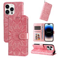 Estuche para teléfono de cuero con estampado de girasol en relieve, For iPhone 15 Pro Max, For iPhone 15 Pro, For iPhone 15 Plus, For iPhone 15