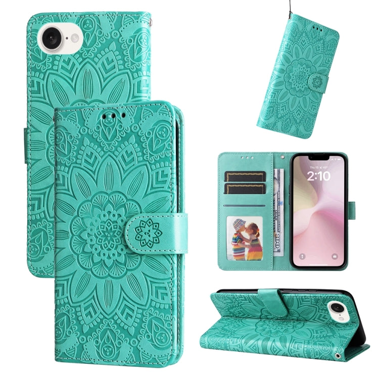 Estuche para teléfono de cuero con estampado de girasol en relieve, For iPhone 18 Pro / 17 Pro, For iPhone 18 Pro Max / 17 Pro Max, For iPhone 17e / 16e, For iPhone 17, For iPhone Air, For iPhone 16 Pro Max, For iPhone 16 Pro, For iPhone 16 Plus       ...