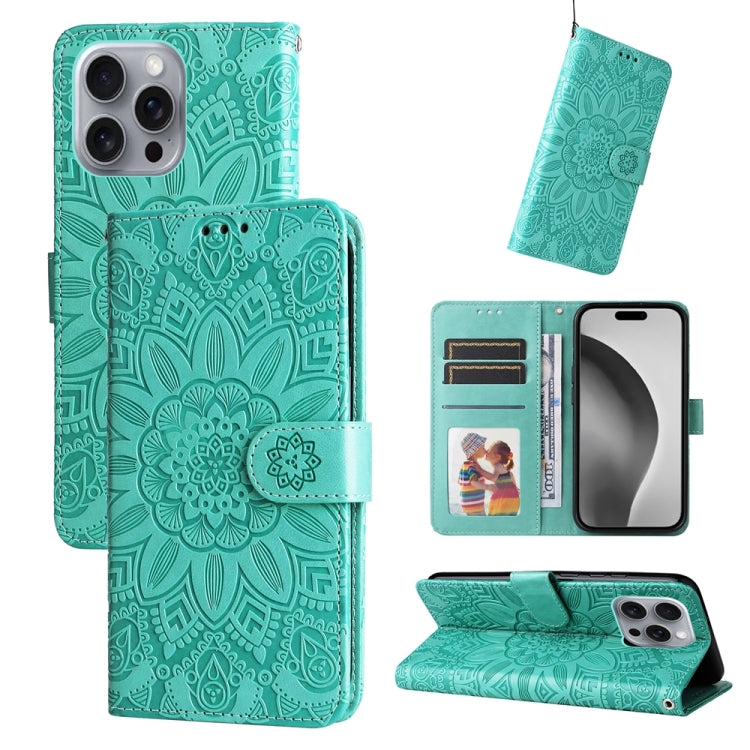 Estuche para teléfono de cuero con estampado de girasol en relieve, For iPhone 18 Pro / 17 Pro, For iPhone 18 Pro Max / 17 Pro Max, For iPhone 17e / 16e, For iPhone 17, For iPhone Air, For iPhone 16 Pro Max, For iPhone 16 Pro, For iPhone 16 Plus       ...