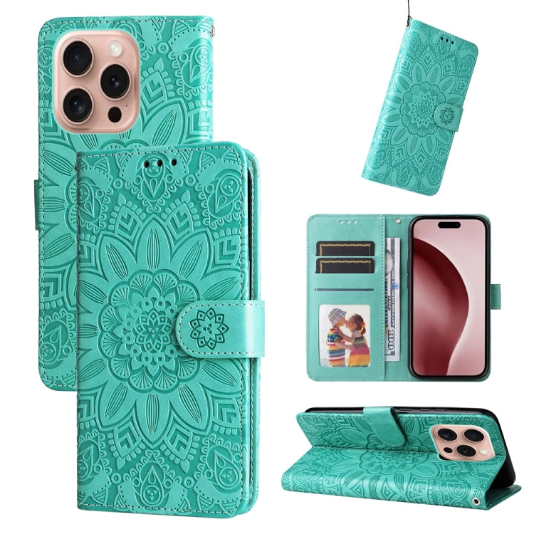Estuche para teléfono de cuero con estampado de girasol en relieve, For iPhone 18 Pro / 17 Pro, For iPhone 18 Pro Max / 17 Pro Max, For iPhone 17e / 16e, For iPhone 17, For iPhone Air, For iPhone 16 Pro Max, For iPhone 16 Pro, For iPhone 16 Plus       ...