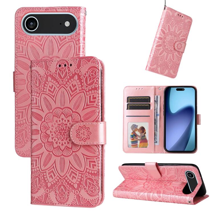 Estuche para teléfono de cuero con estampado de girasol en relieve, For iPhone 18 Pro / 17 Pro, For iPhone 18 Pro Max / 17 Pro Max, For iPhone 17e / 16e, For iPhone 17, For iPhone Air, For iPhone 16 Pro Max, For iPhone 16 Pro, For iPhone 16 Plus       ...