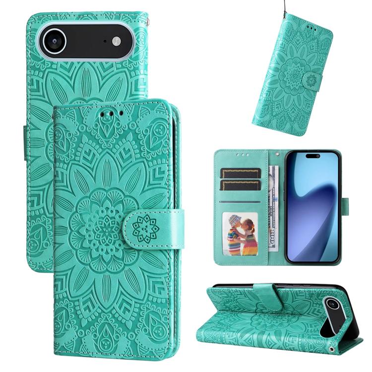 Estuche para teléfono de cuero con estampado de girasol en relieve, For iPhone 18 Pro / 17 Pro, For iPhone 18 Pro Max / 17 Pro Max, For iPhone 17e / 16e, For iPhone 17, For iPhone Air, For iPhone 16 Pro Max, For iPhone 16 Pro, For iPhone 16 Plus       ...