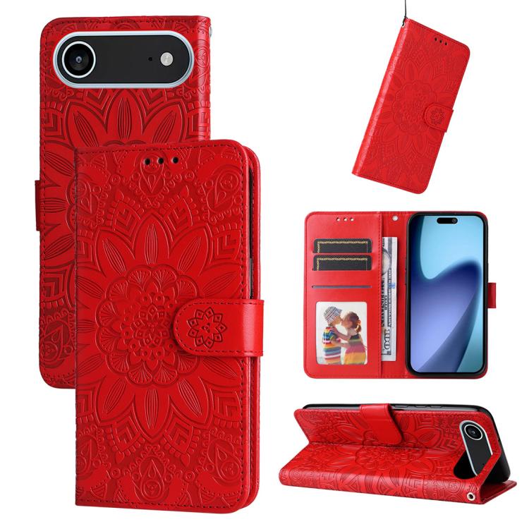 Estuche para teléfono de cuero con estampado de girasol en relieve, For iPhone 18 Pro / 17 Pro, For iPhone 18 Pro Max / 17 Pro Max, For iPhone 17e / 16e, For iPhone 17, For iPhone Air, For iPhone 16 Pro Max, For iPhone 16 Pro, For iPhone 16 Plus       ...