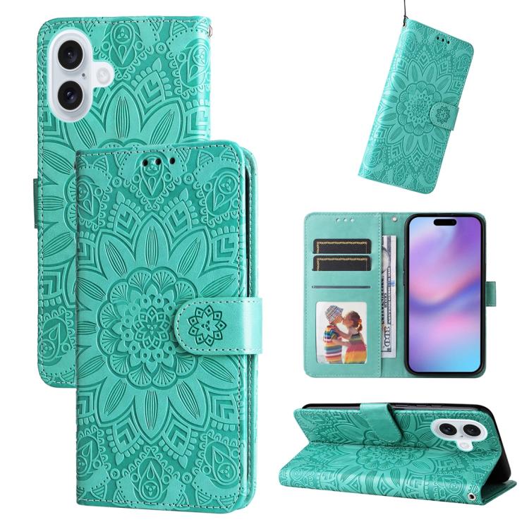 Estuche para teléfono de cuero con estampado de girasol en relieve, For iPhone 18 Pro / 17 Pro, For iPhone 18 Pro Max / 17 Pro Max, For iPhone 17e / 16e, For iPhone 17, For iPhone Air, For iPhone 16 Pro Max, For iPhone 16 Pro, For iPhone 16 Plus       ...