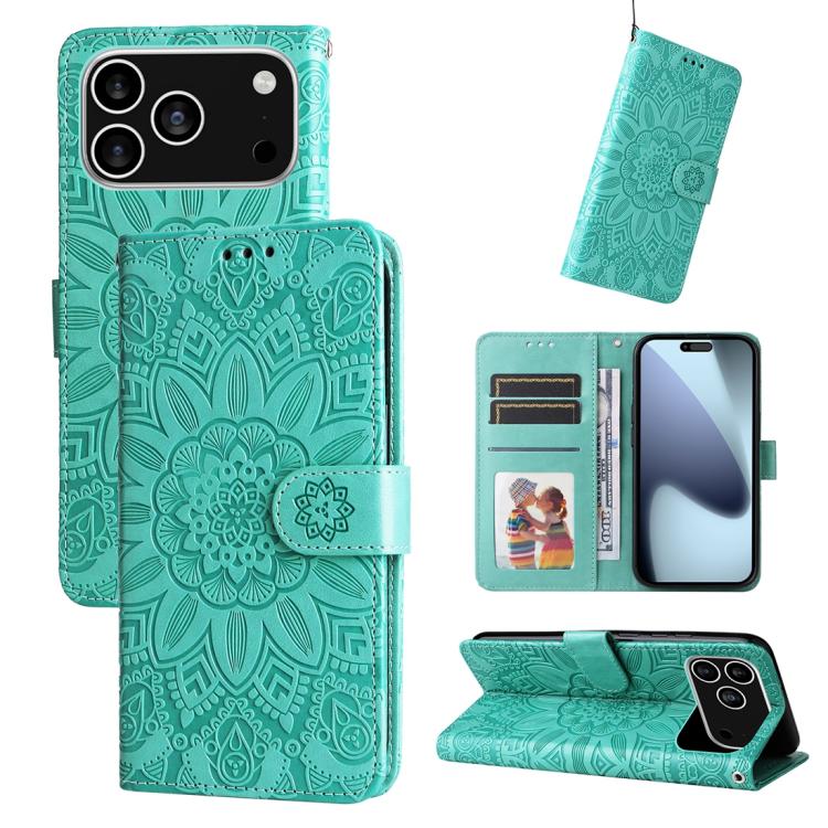 Estuche para teléfono de cuero con estampado de girasol en relieve, For iPhone 18 Pro / 17 Pro, For iPhone 18 Pro Max / 17 Pro Max, For iPhone 17e / 16e, For iPhone 17, For iPhone Air, For iPhone 16 Pro Max, For iPhone 16 Pro, For iPhone 16 Plus       ...