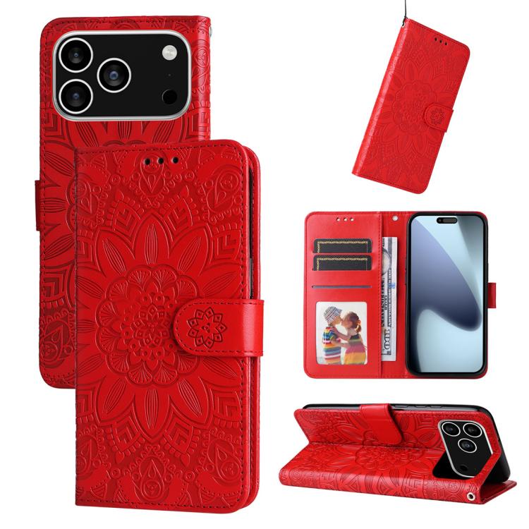 Estuche para teléfono de cuero con estampado de girasol en relieve, For iPhone 18 Pro / 17 Pro, For iPhone 18 Pro Max / 17 Pro Max, For iPhone 17e / 16e, For iPhone 17, For iPhone Air, For iPhone 16 Pro Max, For iPhone 16 Pro, For iPhone 16 Plus       ...