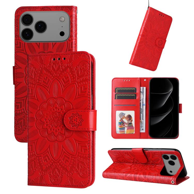 Estuche para teléfono de cuero con estampado de girasol en relieve, For iPhone 18 Pro / 17 Pro, For iPhone 18 Pro Max / 17 Pro Max, For iPhone 17e / 16e, For iPhone 17, For iPhone Air, For iPhone 16 Pro Max, For iPhone 16 Pro, For iPhone 16 Plus       ...