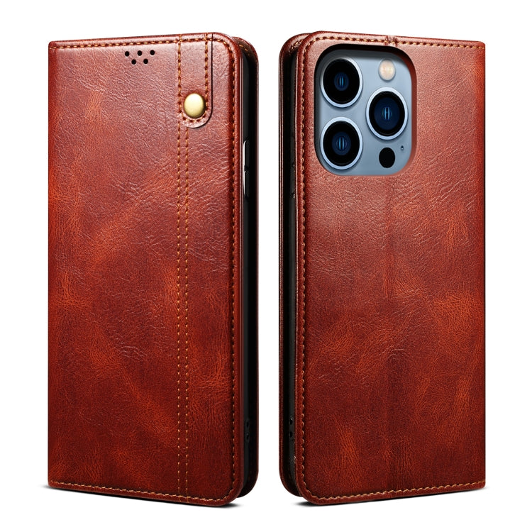 Caja de teléfono de cuero con textura de caballo loco de cera de aceite, For iPhone 17e / 16e, For iPhone 16 Pro Max, For iPhone 16 Pro, For iPhone 16 Plus, For iPhone 16, For iPhone 15 Pro Max, For iPhone 15 Pro, For iPhone 15 Plus, For iPhone 15