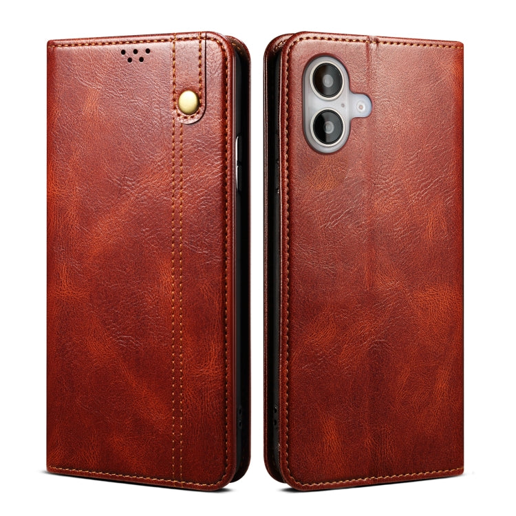 Caja de teléfono de cuero con textura de caballo loco de cera de aceite, For iPhone 17e / 16e, For iPhone 16 Pro Max, For iPhone 16 Pro, For iPhone 16 Plus, For iPhone 16, For iPhone 15 Pro Max, For iPhone 15 Pro, For iPhone 15 Plus, For iPhone 15