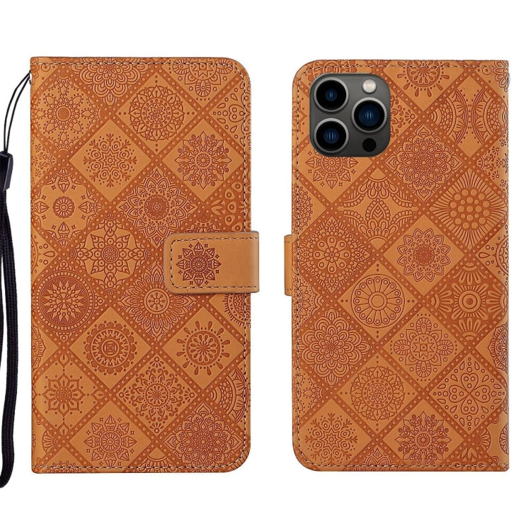 Estuche para teléfono de cuero con patrón en relieve de estilo étnico, For iPhone 15 Pro, For iPhone 15 Plus, For iPhone 15