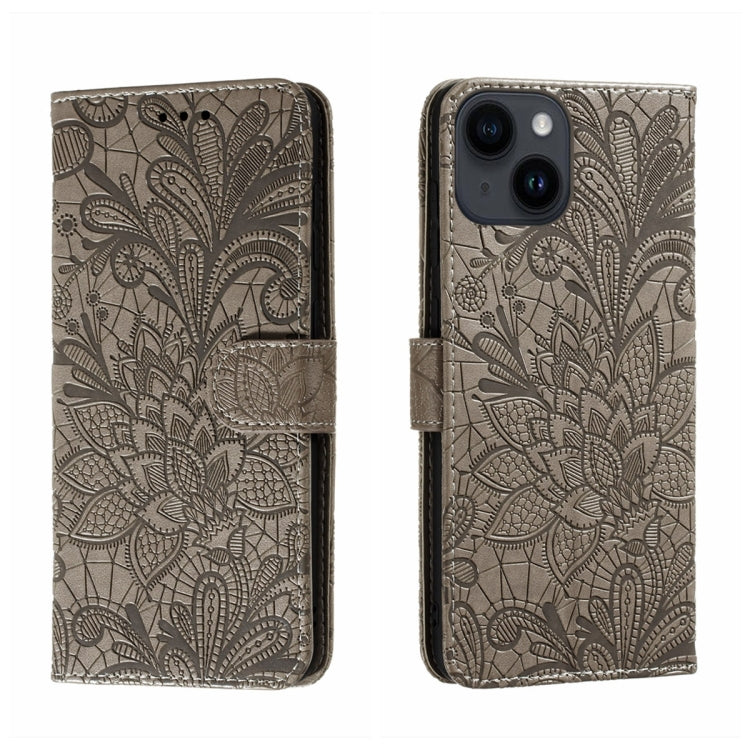 Funda para teléfono de cuero con tapa y estampado de flores de encaje, For iPhone 16, For iPhone 15 Pro Max, For iPhone 15 Pro, For iPhone 15 Plus, For iPhone 15