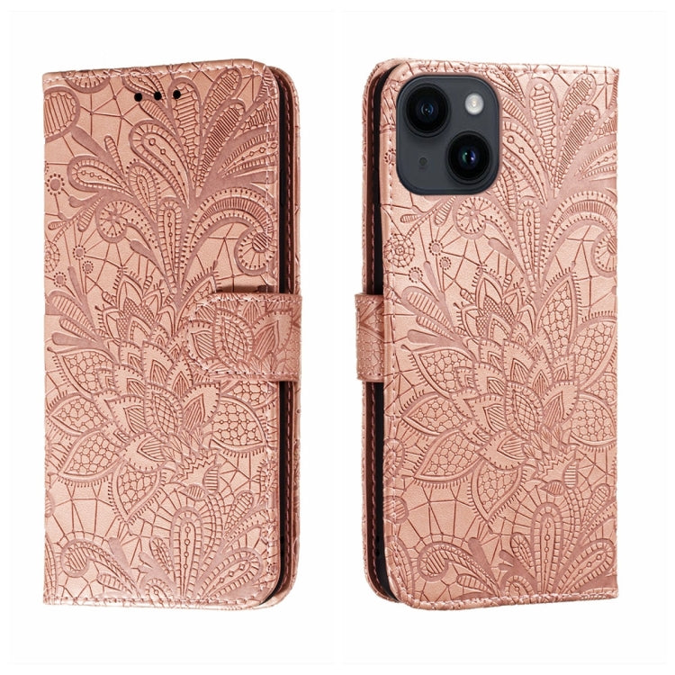 Funda para teléfono de cuero con tapa y estampado de flores de encaje, For iPhone 16, For iPhone 15 Pro Max, For iPhone 15 Pro, For iPhone 15 Plus, For iPhone 15