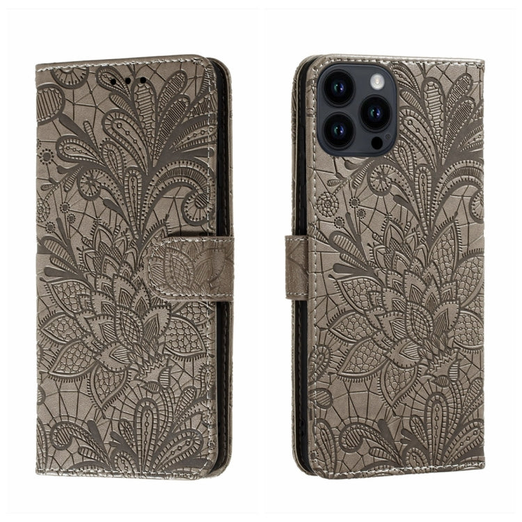 Funda para teléfono de cuero con tapa y estampado de flores de encaje, For iPhone 16, For iPhone 15 Pro Max, For iPhone 15 Pro, For iPhone 15 Plus, For iPhone 15
