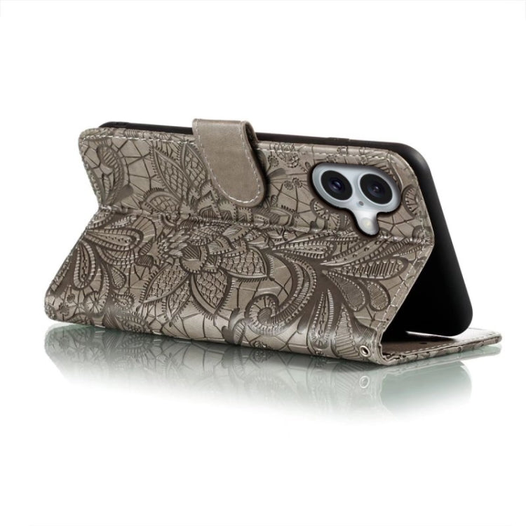 Funda para teléfono de cuero con tapa y estampado de flores de encaje, For iPhone 16, For iPhone 15 Pro Max, For iPhone 15 Pro, For iPhone 15 Plus, For iPhone 15