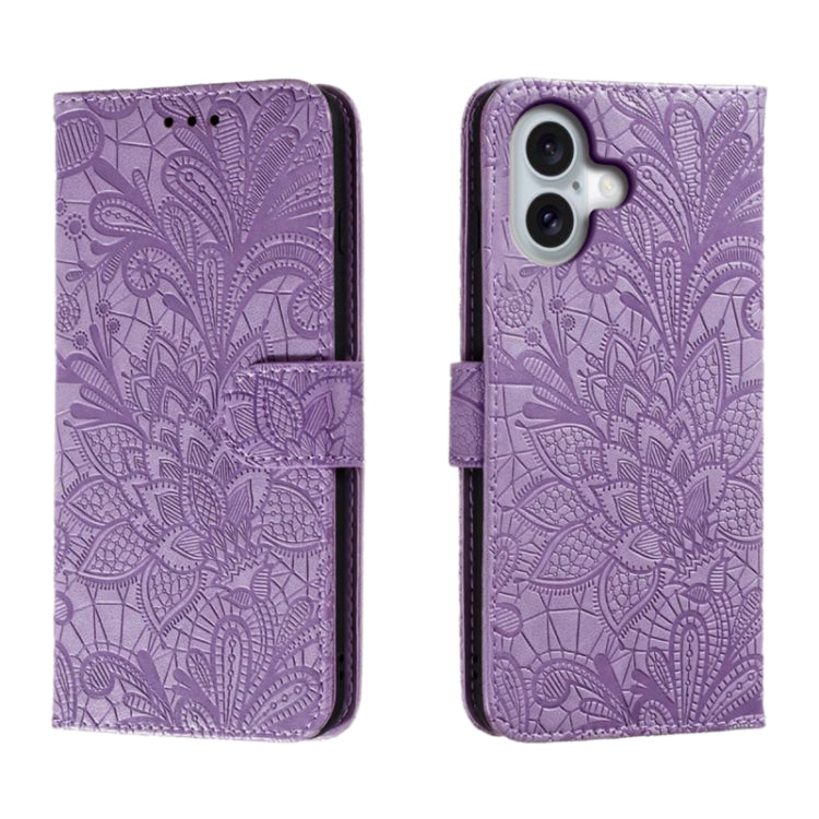 Funda para teléfono de cuero con tapa y estampado de flores de encaje, For iPhone 16, For iPhone 15 Pro Max, For iPhone 15 Pro, For iPhone 15 Plus, For iPhone 15