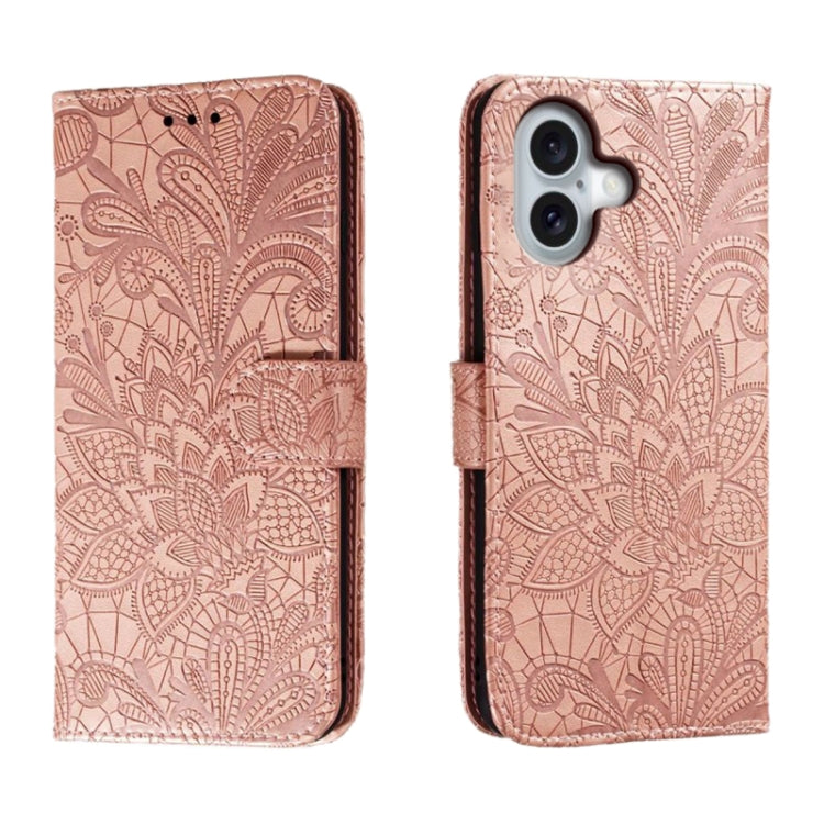 Funda para teléfono de cuero con tapa y estampado de flores de encaje, For iPhone 16, For iPhone 15 Pro Max, For iPhone 15 Pro, For iPhone 15 Plus, For iPhone 15