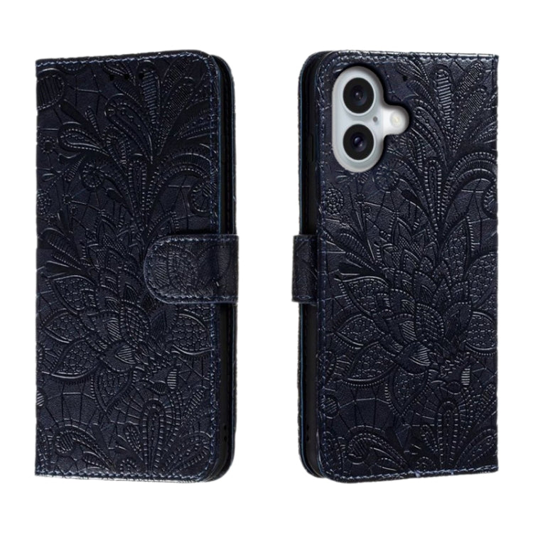 Funda para teléfono de cuero con tapa y estampado de flores de encaje, For iPhone 16, For iPhone 15 Pro Max, For iPhone 15 Pro, For iPhone 15 Plus, For iPhone 15