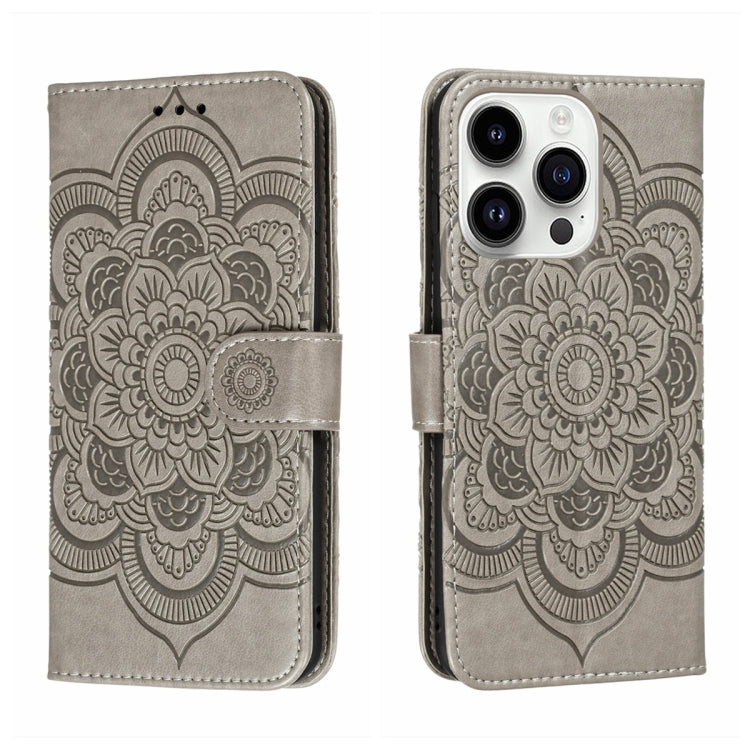 Funda para teléfono de cuero con estampado de mandala de sol, For iPhone 16e / 17e, For iPhone 17 Pro Max, For iPhone 17 Pro, For iPhone 17, For iPhone Air, For iPhone 15 Pro Max
