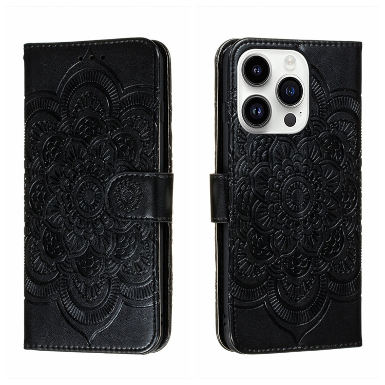 Funda para teléfono de cuero con estampado de mandala de sol, For iPhone 16e / 17e, For iPhone 17 Pro Max, For iPhone 17 Pro, For iPhone 17, For iPhone Air, For iPhone 15 Pro Max