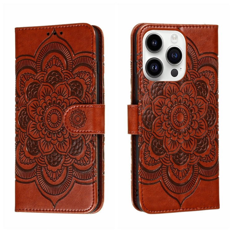 Funda para teléfono de cuero con estampado de mandala de sol, For iPhone 16e / 17e, For iPhone 17 Pro Max, For iPhone 17 Pro, For iPhone 17, For iPhone Air, For iPhone 15 Pro Max