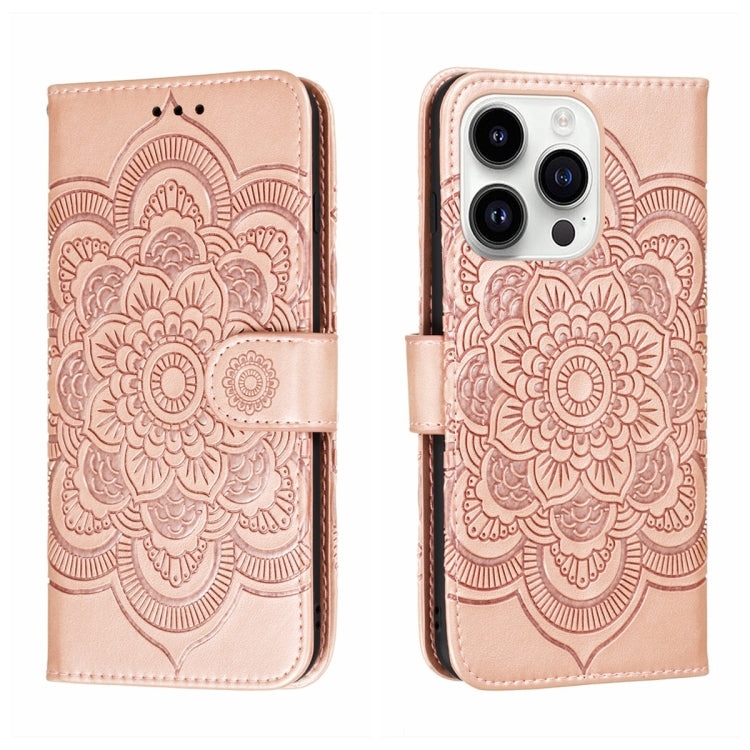 Funda para teléfono de cuero con estampado de mandala de sol, For iPhone 15 Pro, For iPhone 15 Plus, For iPhone 15
