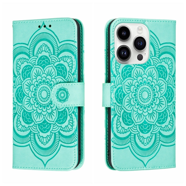 Funda para teléfono de cuero con estampado de mandala de sol, For iPhone 15 Pro, For iPhone 15 Plus, For iPhone 15