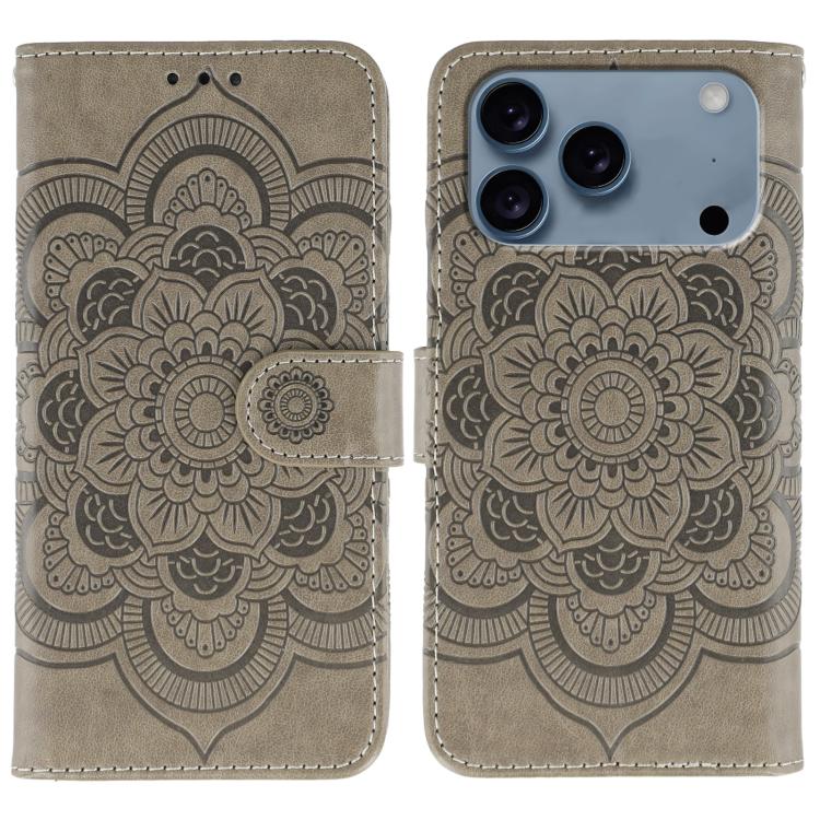 Funda para teléfono de cuero con estampado de mandala de sol, For iPhone 16e / 17e, For iPhone 17 Pro Max, For iPhone 17 Pro, For iPhone 17, For iPhone Air, For iPhone 15 Pro Max