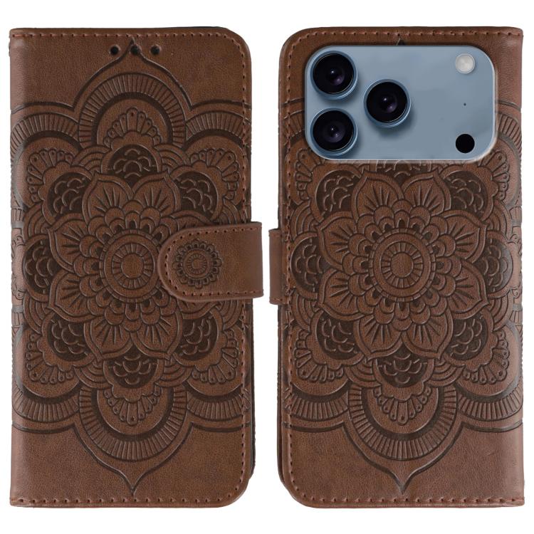 Funda para teléfono de cuero con estampado de mandala de sol, For iPhone 16e / 17e, For iPhone 17 Pro Max, For iPhone 17 Pro, For iPhone 17, For iPhone Air, For iPhone 15 Pro Max