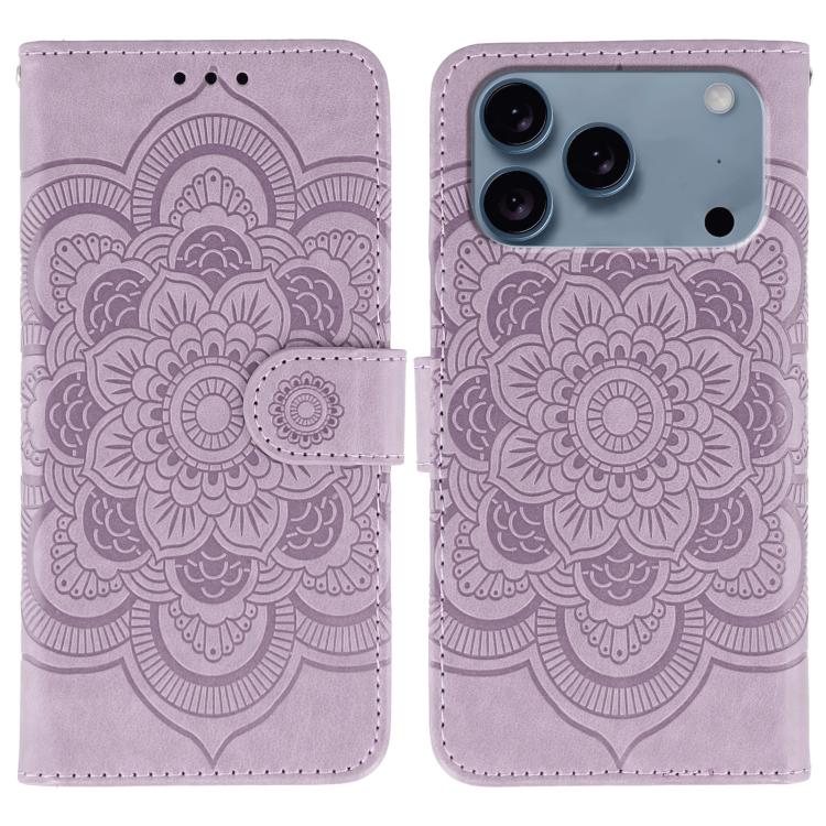 Funda para teléfono de cuero con estampado de mandala de sol, For iPhone 16e / 17e, For iPhone 17 Pro Max, For iPhone 17 Pro, For iPhone 17, For iPhone Air, For iPhone 15 Pro Max