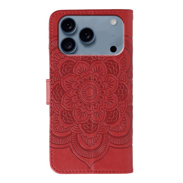 Funda para teléfono de cuero con estampado de mandala de sol, For iPhone 18 Pro / 17 Pro, For iPhone 18 Pro Max / 17 Pro Max, For iPhone 16e / 17e, For iPhone 17, For iPhone Air, For iPhone 15 Pro Max