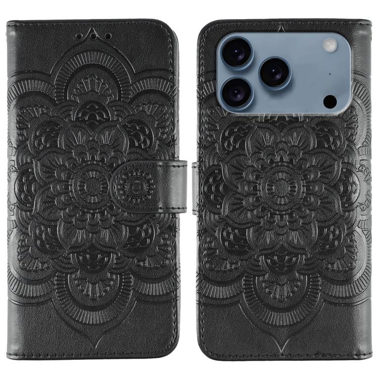 Funda para teléfono de cuero con estampado de mandala de sol, For iPhone 16e / 17e, For iPhone 17 Pro Max, For iPhone 17 Pro, For iPhone 17, For iPhone Air, For iPhone 15 Pro Max