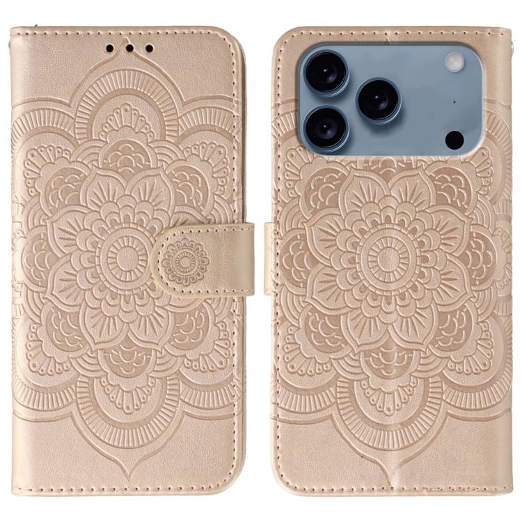 Funda para teléfono de cuero con estampado de mandala de sol, For iPhone 16e / 17e, For iPhone 17 Pro Max, For iPhone 17 Pro, For iPhone 17, For iPhone Air, For iPhone 15 Pro Max
